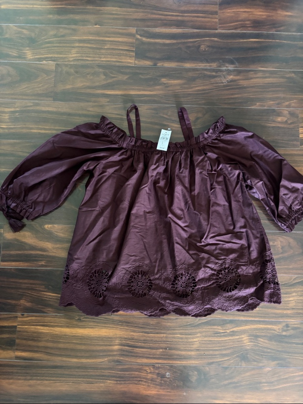 LOFT Maroon Off-Shoulder Crochet-Hem Blouse
